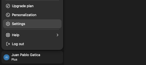 ChatGPT sidebar showing the username menu with Settings option