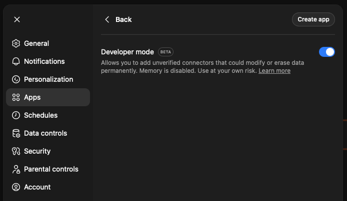 ChatGPT Apps settings showing Advanced settings with Developer Mode toggle
