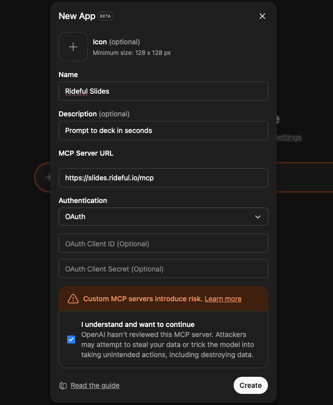 ChatGPT New App form showing fields for Name, MCP Server URL, and OAuth authentication