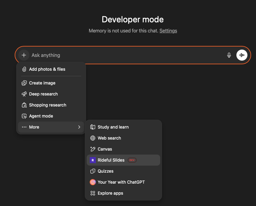 ChatGPT chat showing the + menu with Rideful Slides option under More