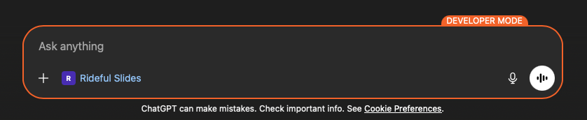 ChatGPT chat input showing Rideful Slides active and ready to use