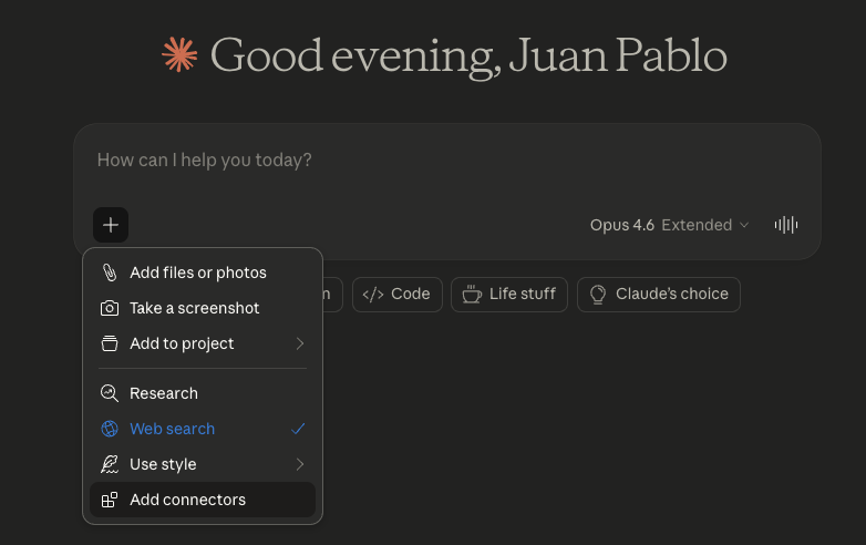 Claude.ai chat showing the + menu with Add connectors option