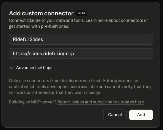 Claude.ai Add custom connector form with Name and Remote MCP server URL fields