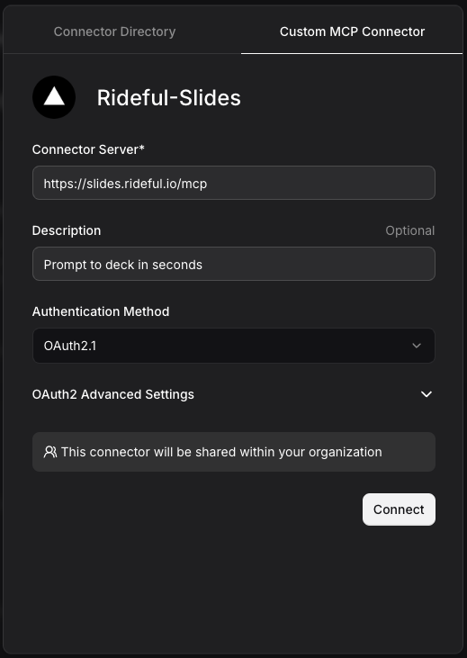 Le Chat Custom MCP Connector form with fields for Name, Server, Description, and Authentication