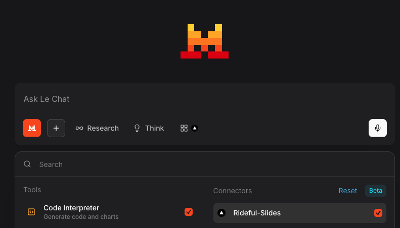 Le Chat showing the Tools panel with Rideful-Slides enabled under Connectors